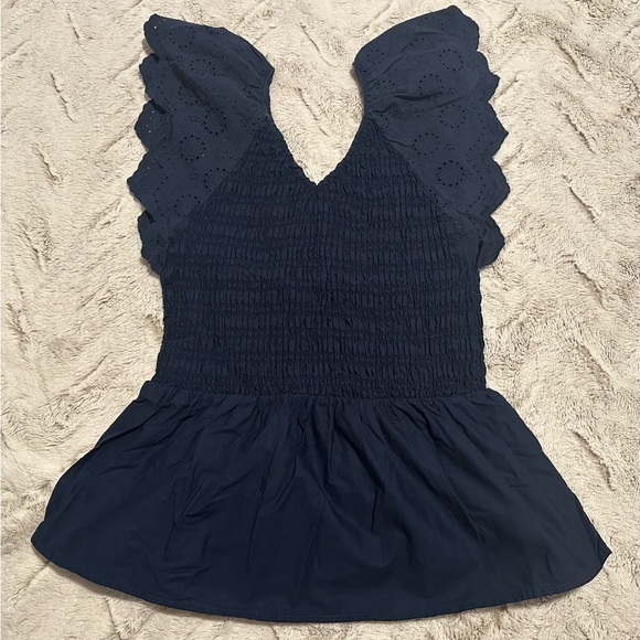 Time and Tru Women's Smocked Bodice V-Neck Eyelet Ruffle Top - Picture 3 of 9